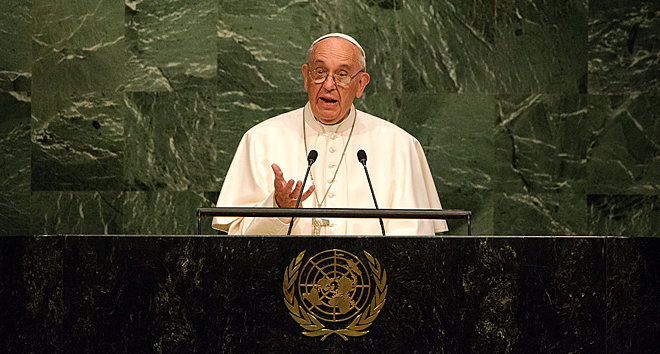 Satan addressing his henchmen at the UN.