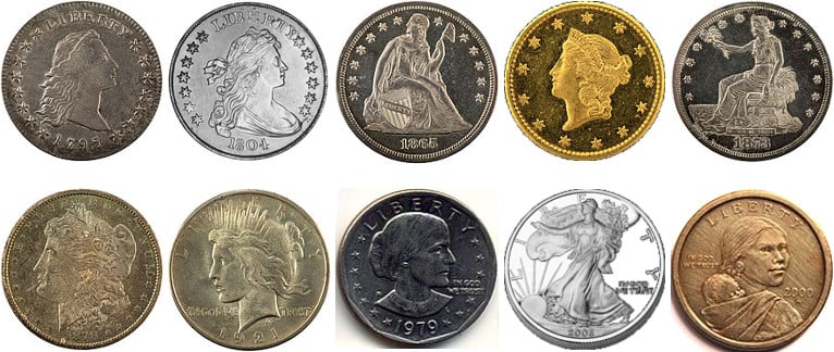 The front of the dollar coin through the years.